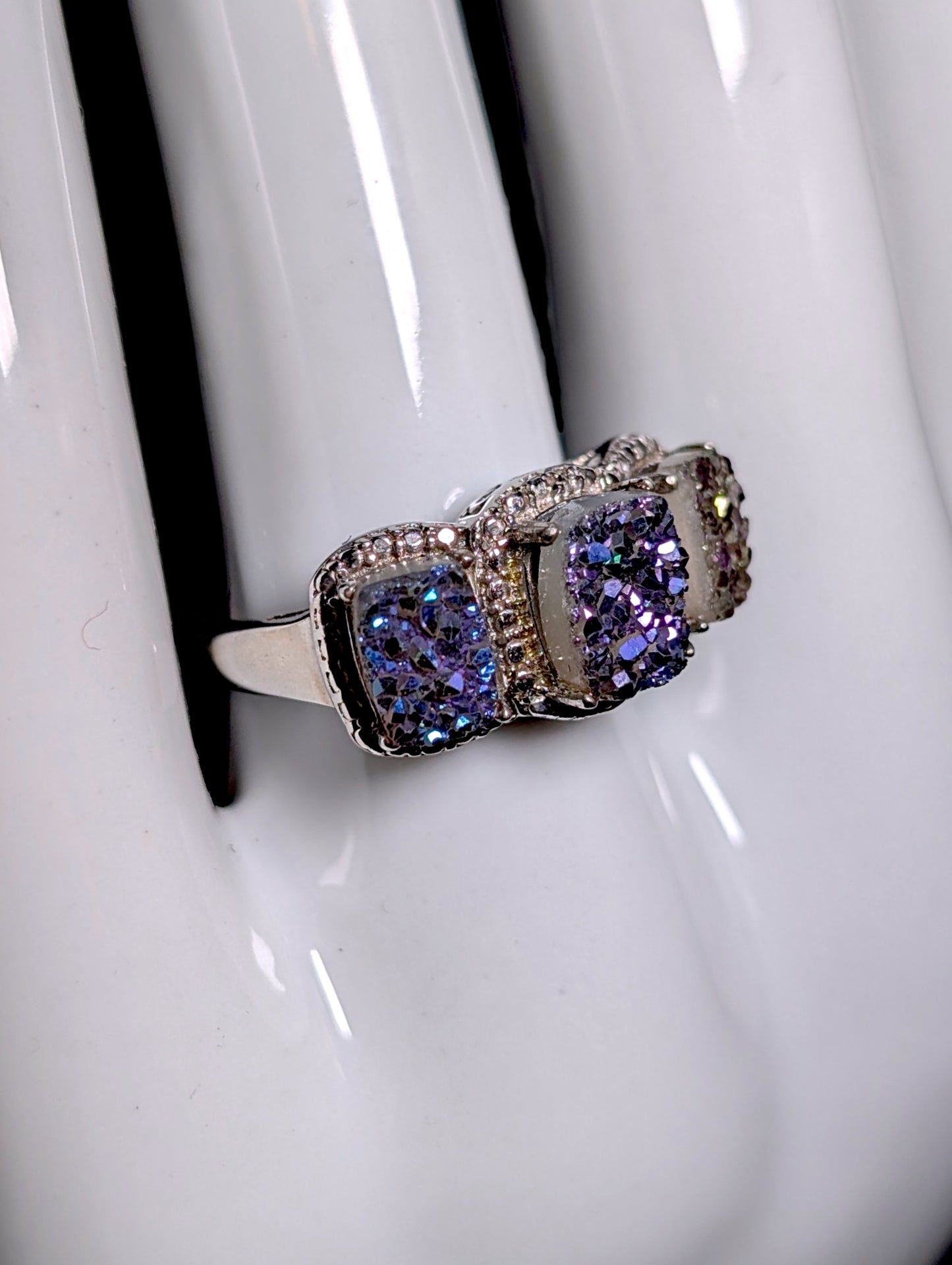 Vintage 3 Stone Genuine Druzy Quartz Sterling Silver Band Ring