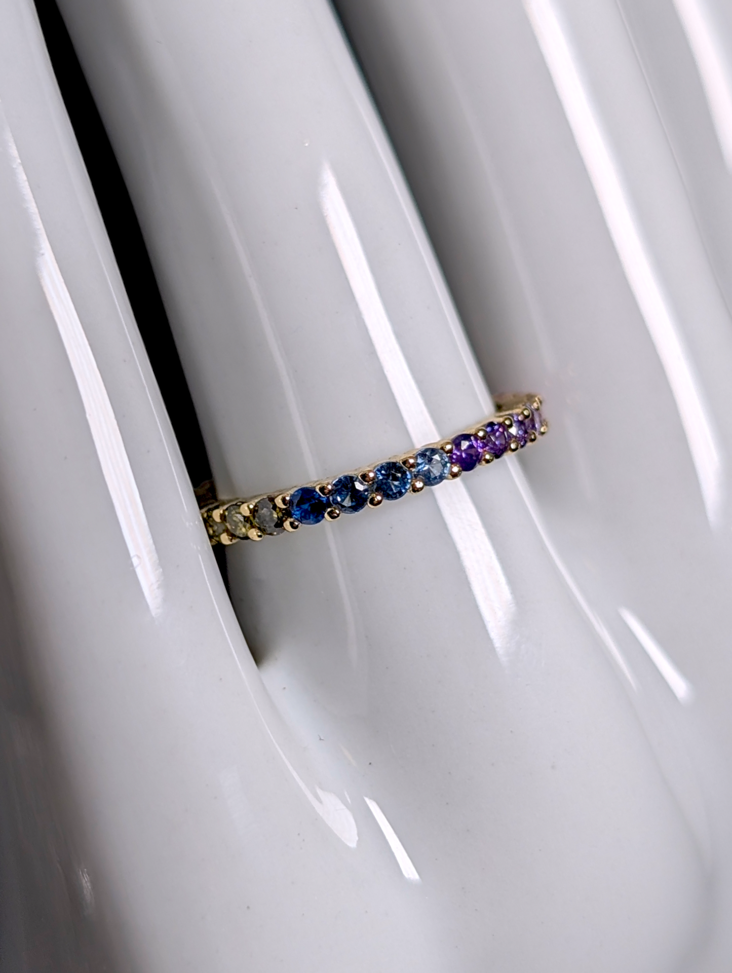 Vintage Rainbow Multi-Gemstone Round Cut Genuine Ruby, Tourmaline, Sapphire Yellow Gold over Sterling Eternity Band Ring