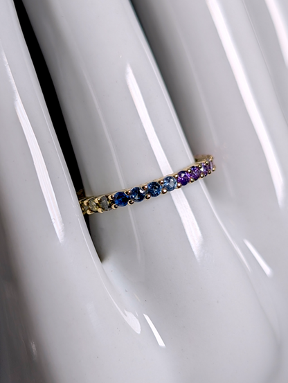 Vintage Rainbow Multi-Gemstone Round Cut Genuine Ruby, Tourmaline, Sapphire Yellow Gold over Sterling Eternity Band Ring