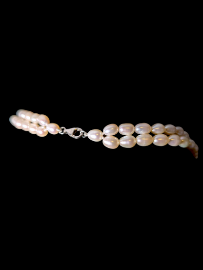 Vintage Hand Knotted Genuine Freshwater Oval Pearl Double Strand Sterling Silver Lobster Clasp Necklace