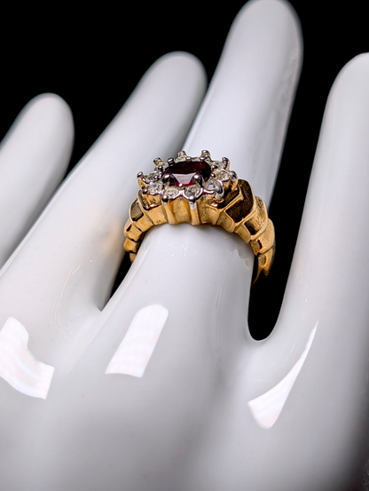 Vintage Genuine Red Garnet Solitaire with Simulated Diamond Halo Gold Toned Statement Ring