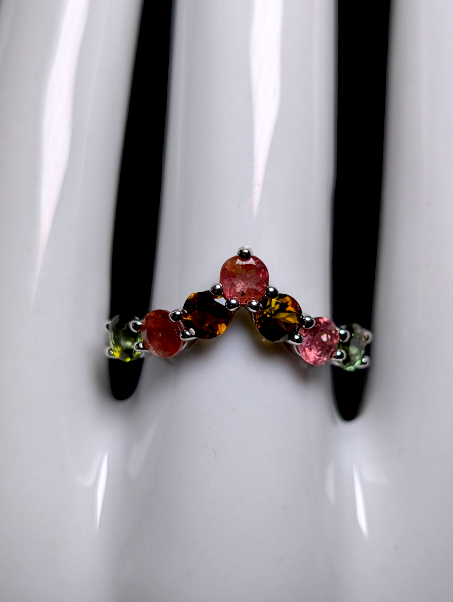 Vintage Round Cut Earth Mined Genuine Multi-Color Tourmaline Sterling Silver Chevron Stackable Ring