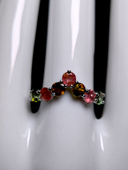 Vintage Round Cut Earth Mined Genuine Multi-Color Tourmaline Sterling Silver Chevron Stackable Ring