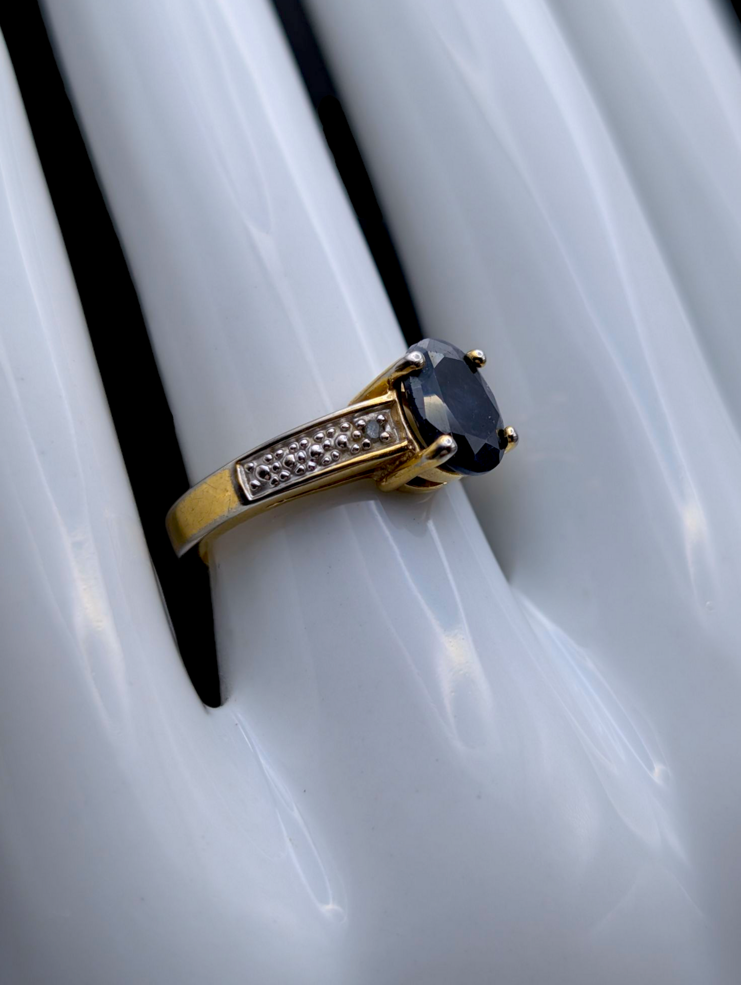 Vintage Oval Solitaire Earth Mined Genuine Blue Sapphire and Diamond Accent Gold over Sterling Silver Ring
