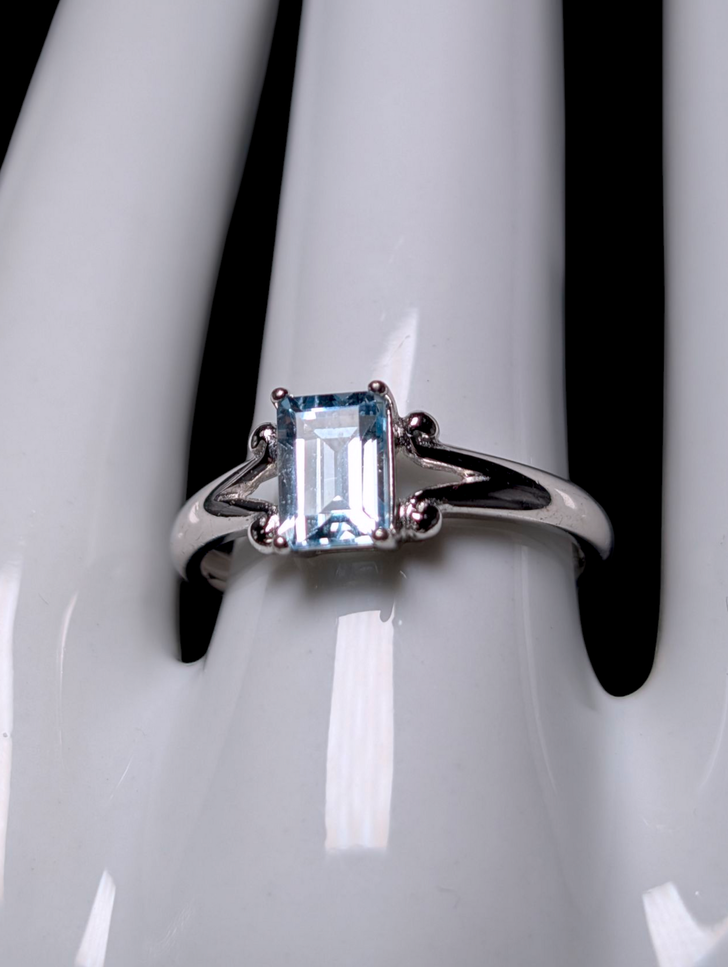 Vintage Emerald Cut Genuine Sky Blue Topaz Solitaire Dainty Sterling Silver Ring