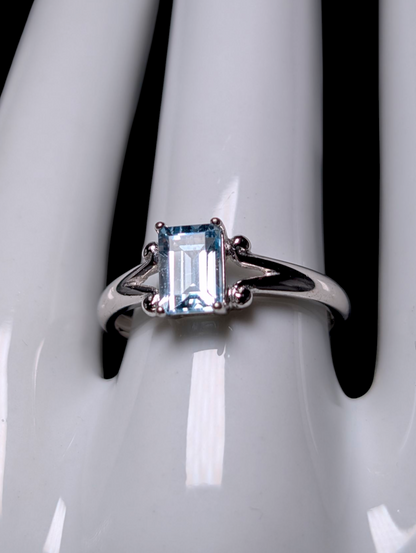 Vintage Emerald Cut Genuine Sky Blue Topaz Solitaire Dainty Sterling Silver Ring