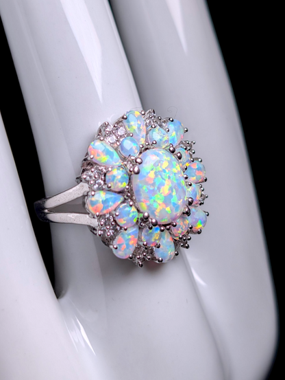Vintage Dazzling Starburst Genuine Opal and White Topaz Sterling Silver Cocktail Cluster Statement Ring