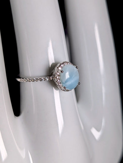 Vintage Genuine Larimar Solitaire with Halo Sterling Silver Ring