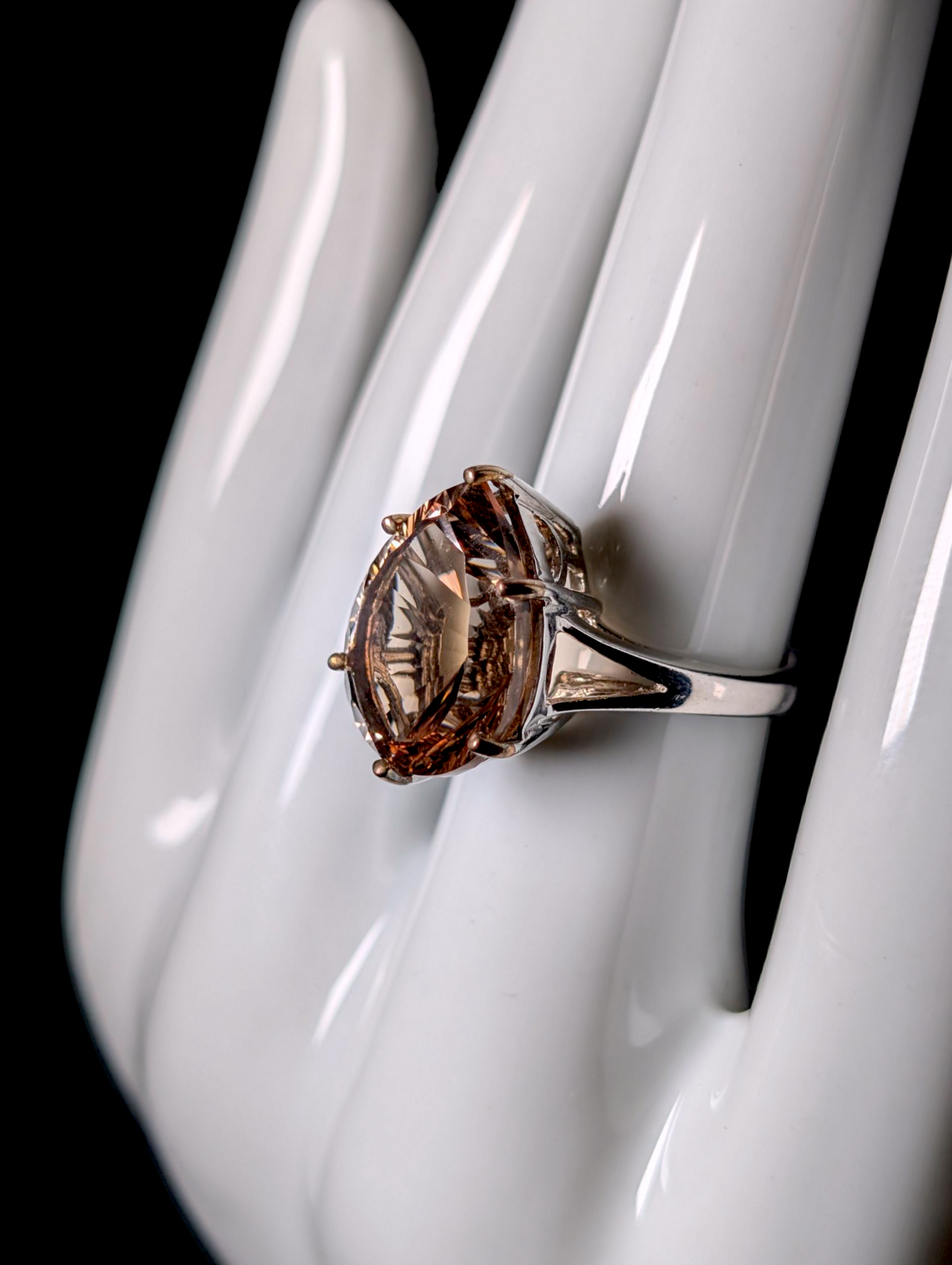 Vintage Large Pear Cut Genuine Champagne Quartz Sterling Silver Statement Ring