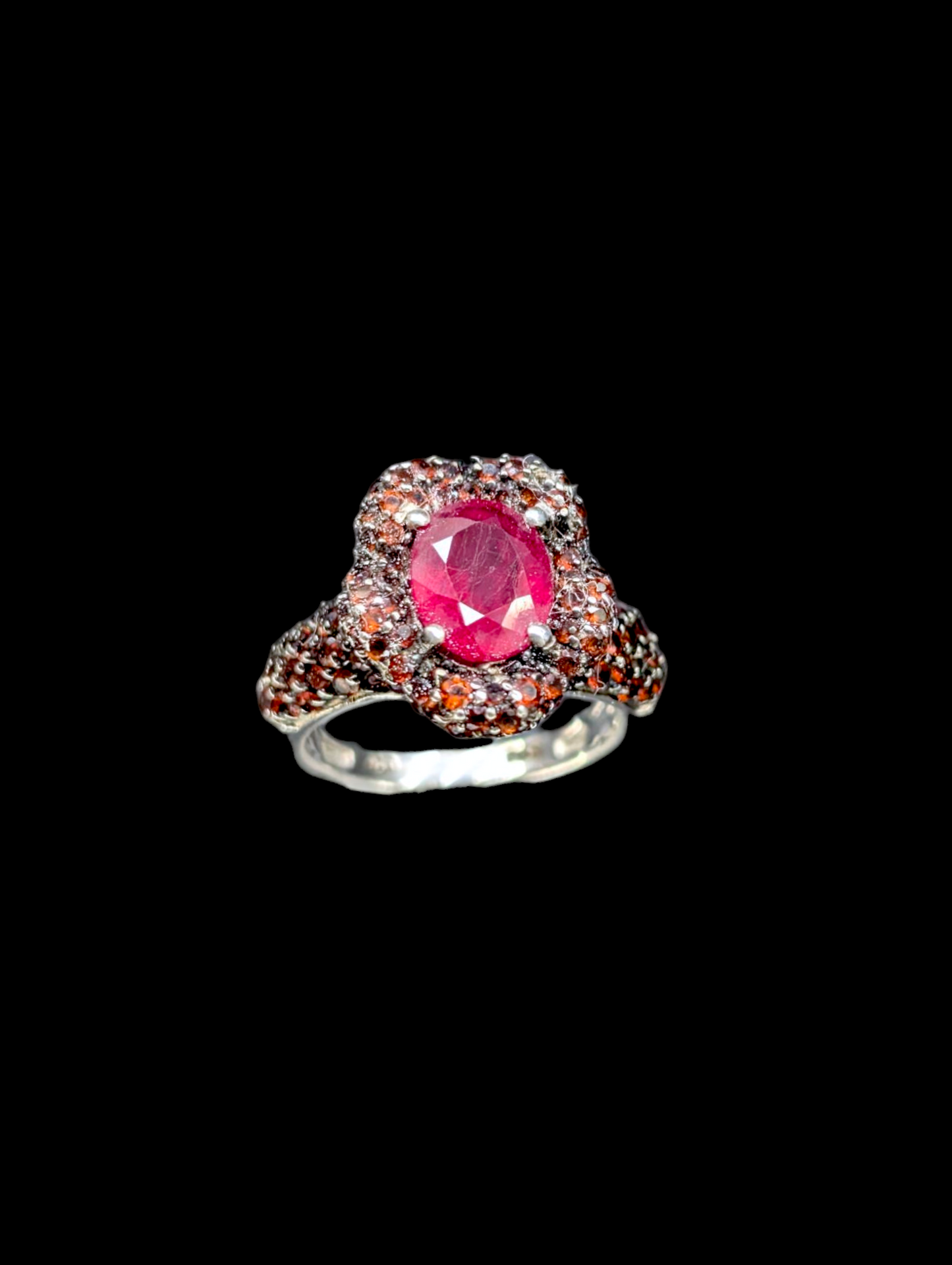 Vintage Earth Mined Genuine Ruby Solitaire and Spessartite Garnet Clustered Flower Mount Rhodium over Sterling Silver Ring