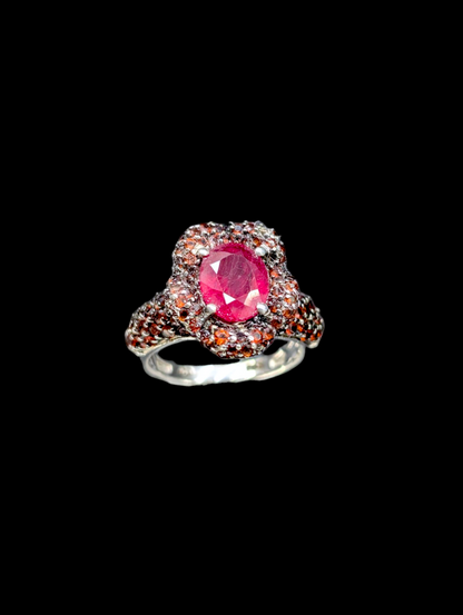 Vintage Earth Mined Genuine Ruby Solitaire and Spessartite Garnet Clustered Flower Mount Rhodium over Sterling Silver Ring