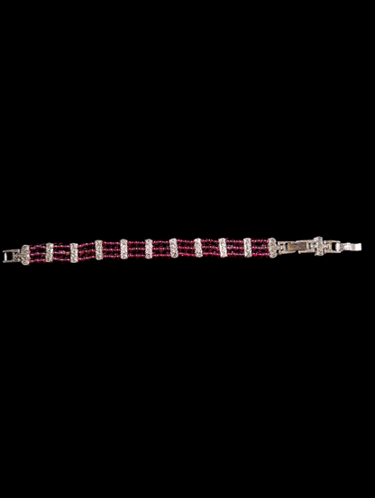 Vintage Three Strand Genuine Rhodolite Garnet Bead Silver Toned Bracelet