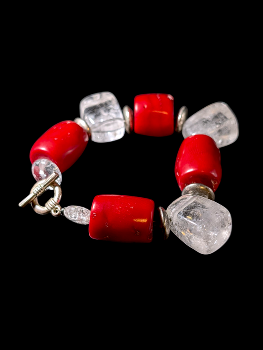 Vintage Chunky Genuine Red Coral and Clear Quartz Sterling Silver Bead Bracelet