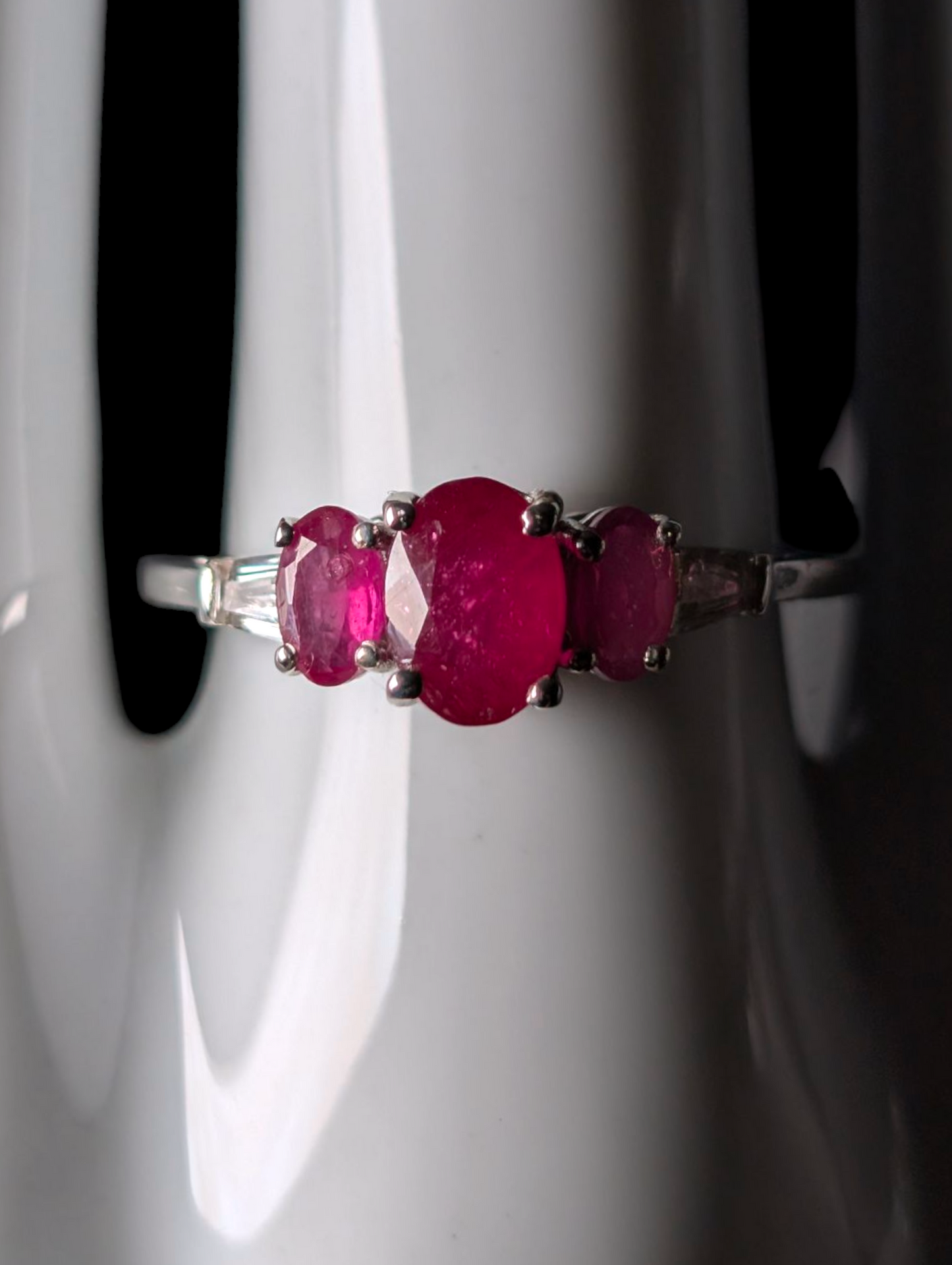 Vintage Three Stone Oval Cut Earth Mined Genuine Ruby, Pink Sapphire and White Topaz Tapered Baguette Accent Stones Sterling Silver Ring
