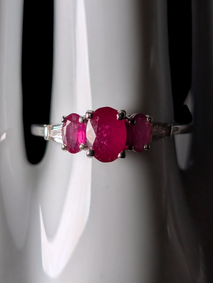Vintage Three Stone Oval Cut Earth Mined Genuine Ruby, Pink Sapphire and White Topaz Tapered Baguette Accent Stones Sterling Silver Ring