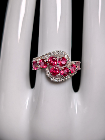 Vintage Crossover Round Cut Genuine Pink Tourmaline and White Topaz Sterling Silver Ring