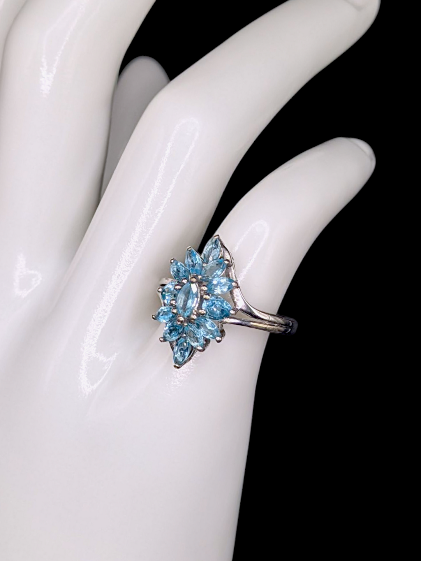 Vintage Marquise Cut Simulated Blue Topaz Flower Sterling Silver Crossover Statement Ring