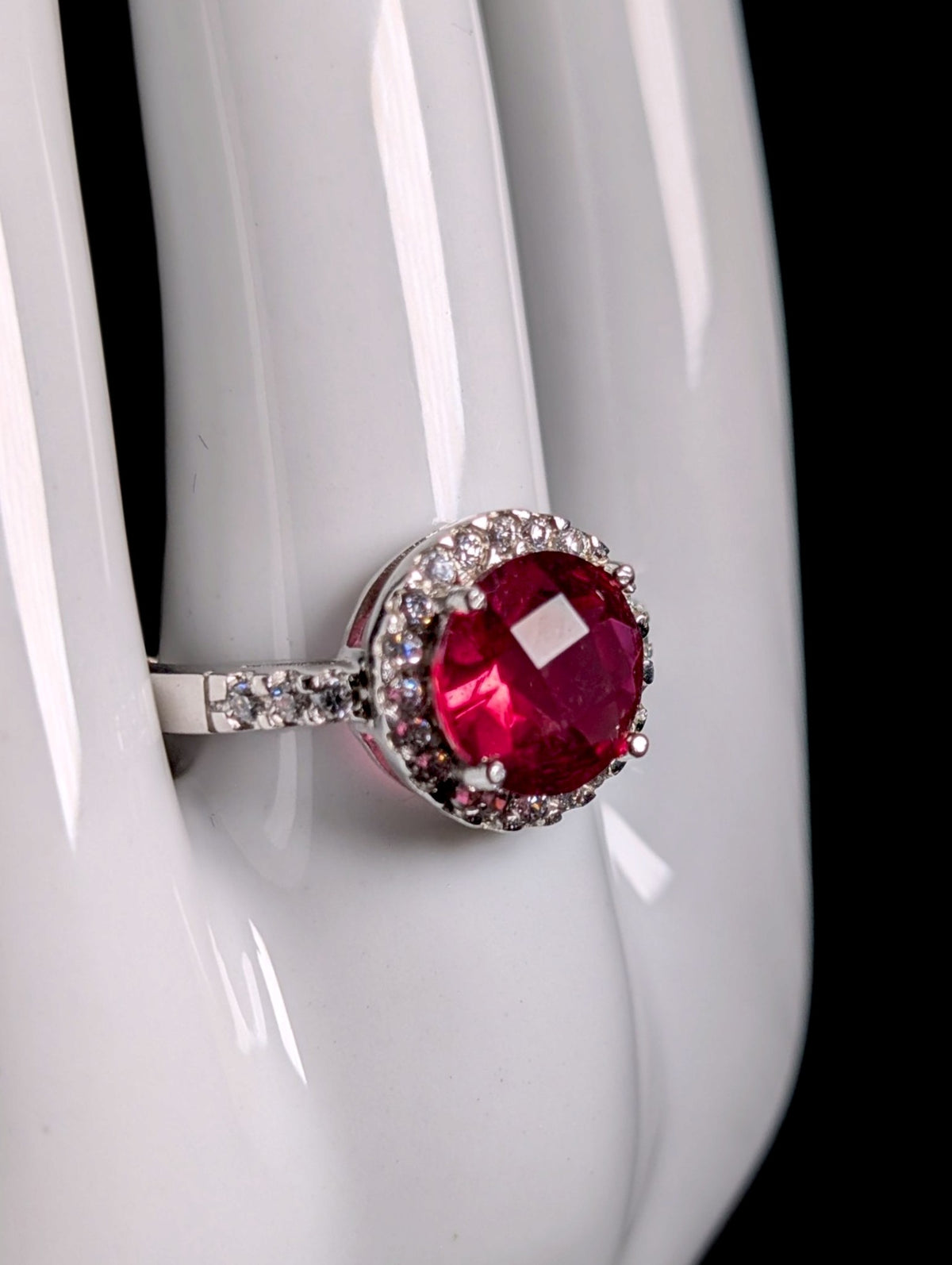 Vintage Inspired Rose Cut Simulated Ruby Solitaire and Diamond Halo Sterling Silver Ring