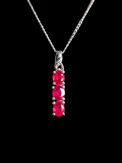 Vintage Oval Cut Three Stone Genuine Ruby Sterling Silver Dangle Pendant