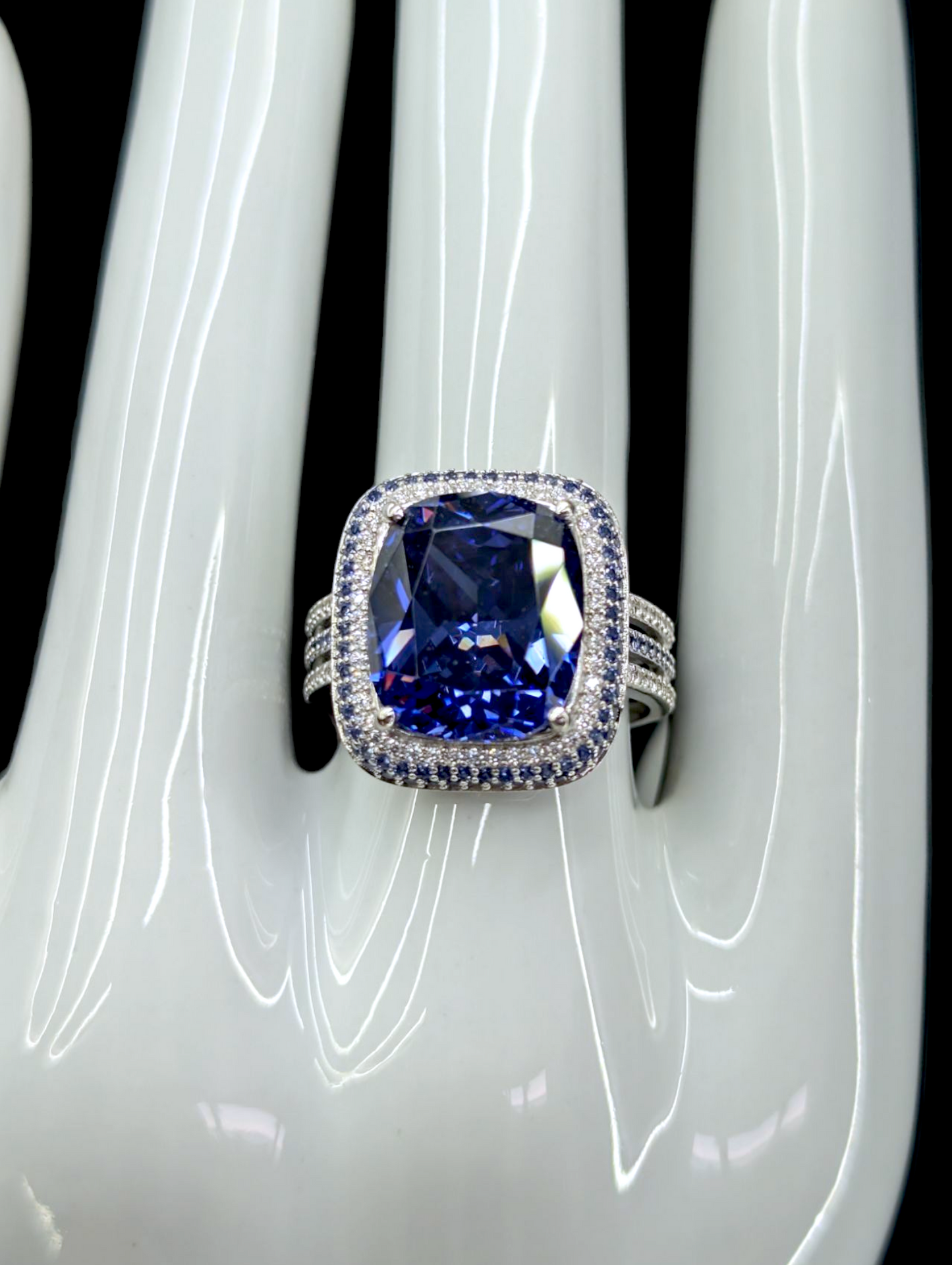 Vintage Large 6.8 Carat Triple Halo Genuine Tanzanite Solitaire and Simulated Diamonds Rhodium over Sterling Silver Split Shank Ring