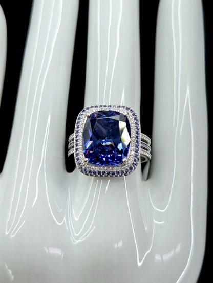 Vintage Large 6.8 Carat Triple Halo Genuine Tanzanite Solitaire and Simulated Diamonds Rhodium over Sterling Silver Split Shank Ring