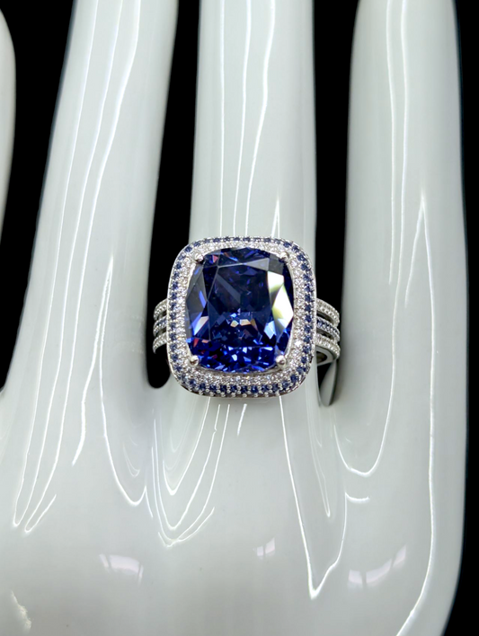 Vintage Large 6.8 Carat Triple Halo Genuine Tanzanite Solitaire and Simulated Diamonds Rhodium over Sterling Silver Split Shank Ring