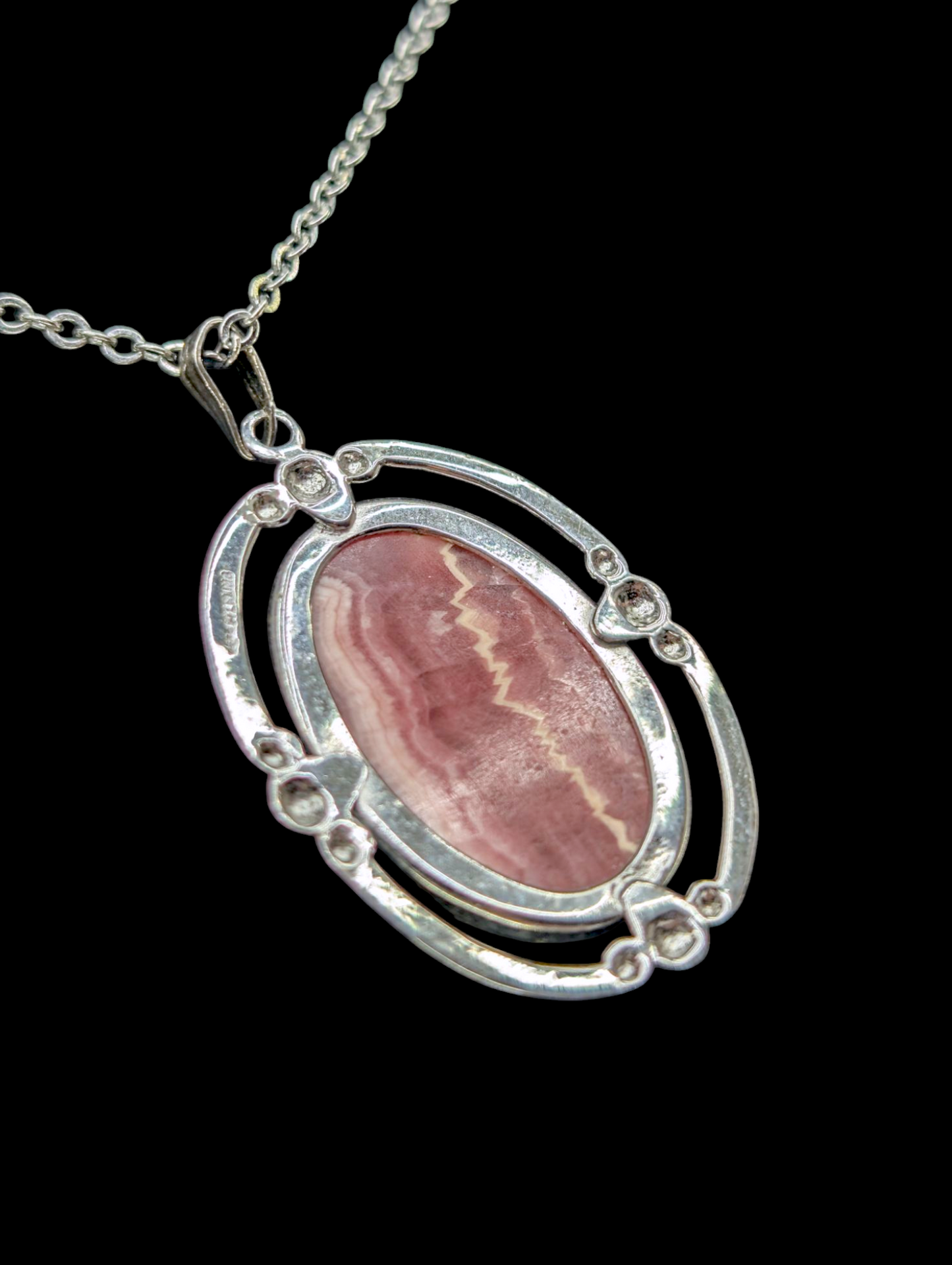 Vintage Genuine Rhodochrosite Sterling Silver Pendant and Necklace Chain