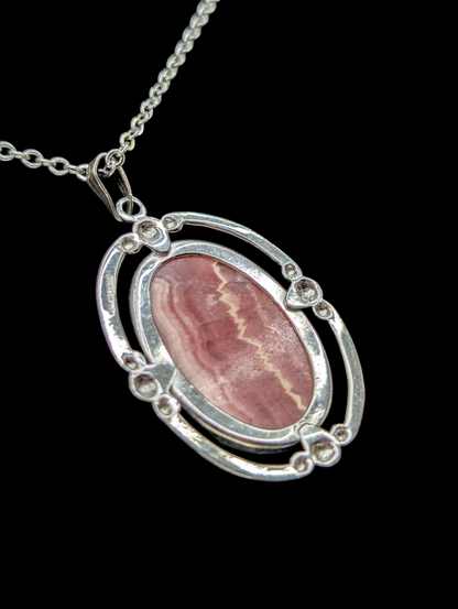 Vintage Genuine Rhodochrosite Sterling Silver Pendant and Necklace Chain