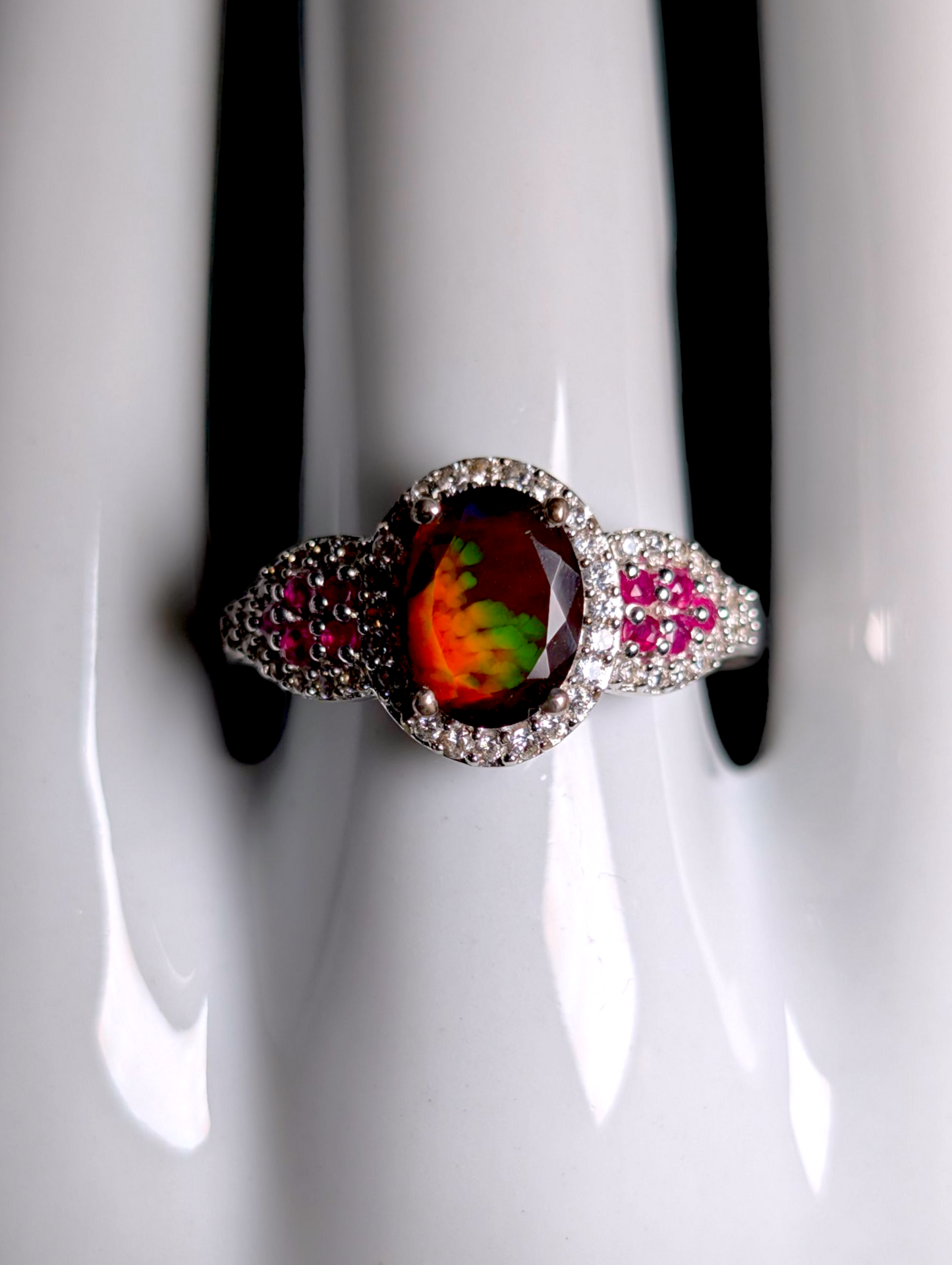 Vintage Earth Mined Genuine Black Fire Opal Solitaire with White Topaz Halo and Ruby Accent Stones Sterling Silver Ring