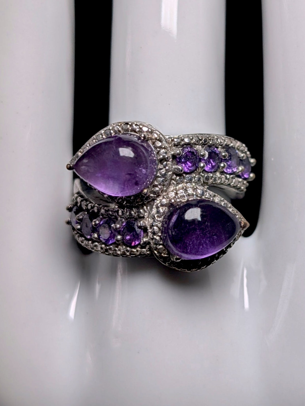 Vintage Twin Cabochon Cut Genuine Amethyst Wrap Silver Tone Ring