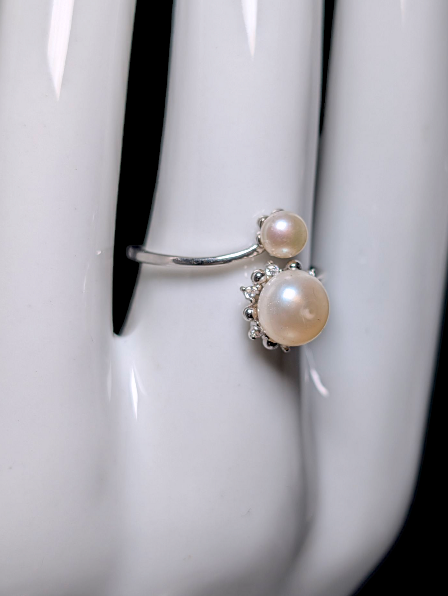 Vintage Inspired Crossover Sun and Moon Genuine Cultured Pearl with Simulated Diamond Starburst Halo Dainty Sterling Silver Ring
