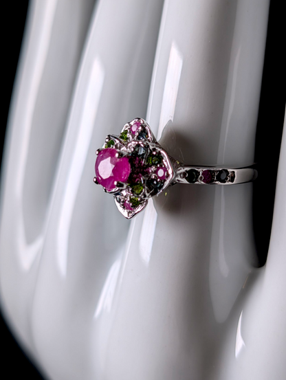 Vintage Multi-stone Earth Mined Round Cut Genuine Ruby Solitaire and Gemstone Custer Sterling Silver Ring