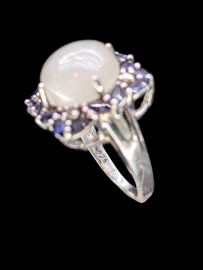 Vintage Large Genuine White Rainbow Moonstone and Tanzanite with Diamond Rhodium over Sterling Silver Ring