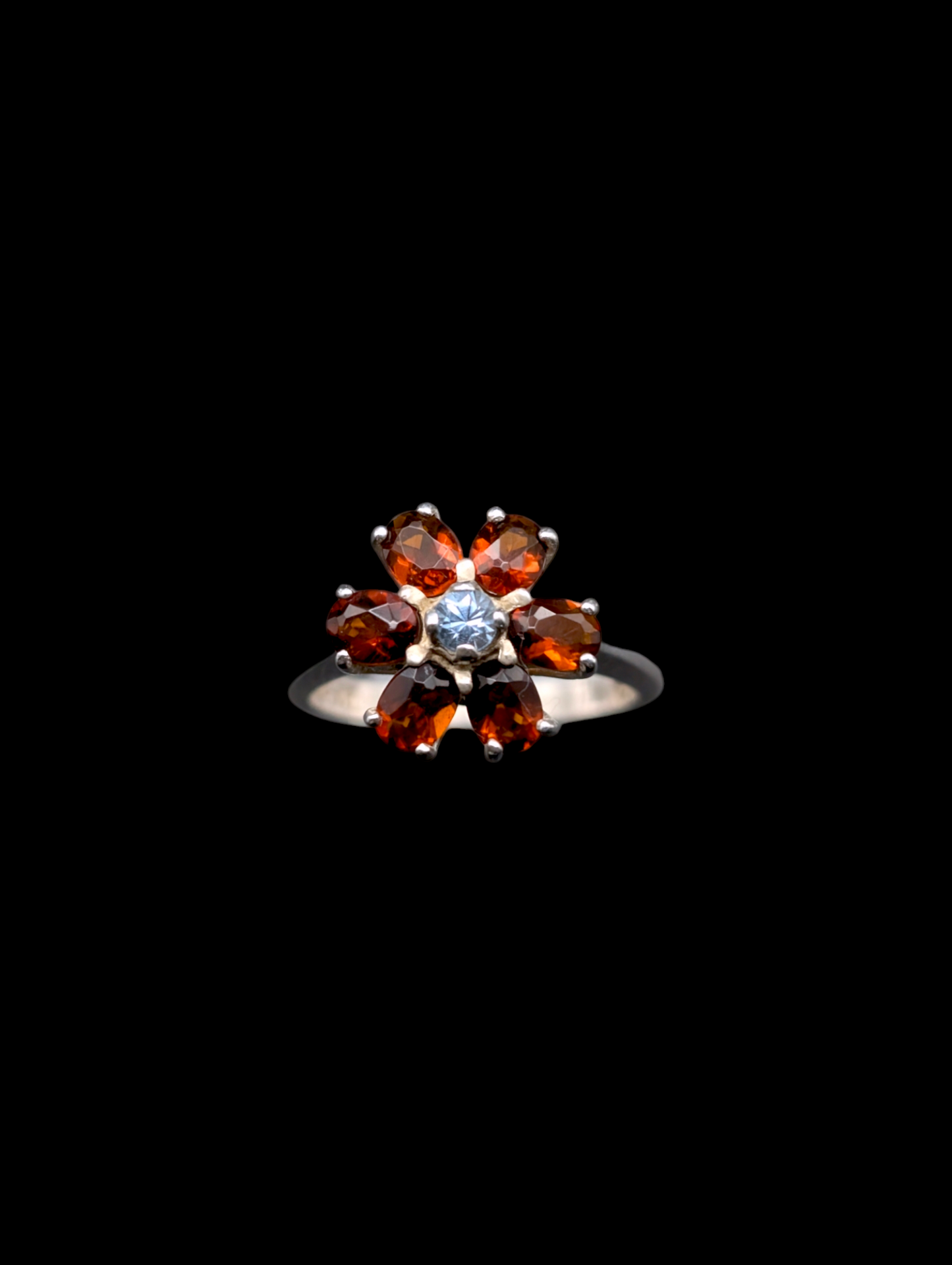 Vintage Flower Genuine Hessonite Garnet with Aqua Center Sterling Silver Ring