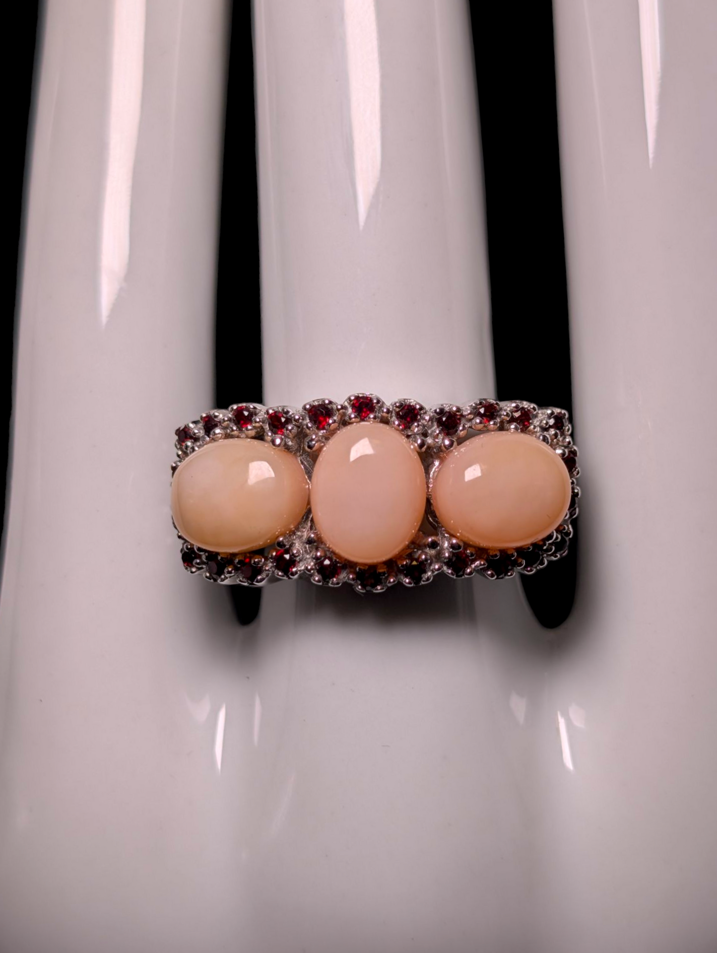 Vintage Genuine Pink Opal and Garnet Sterling Silver Statement Ring