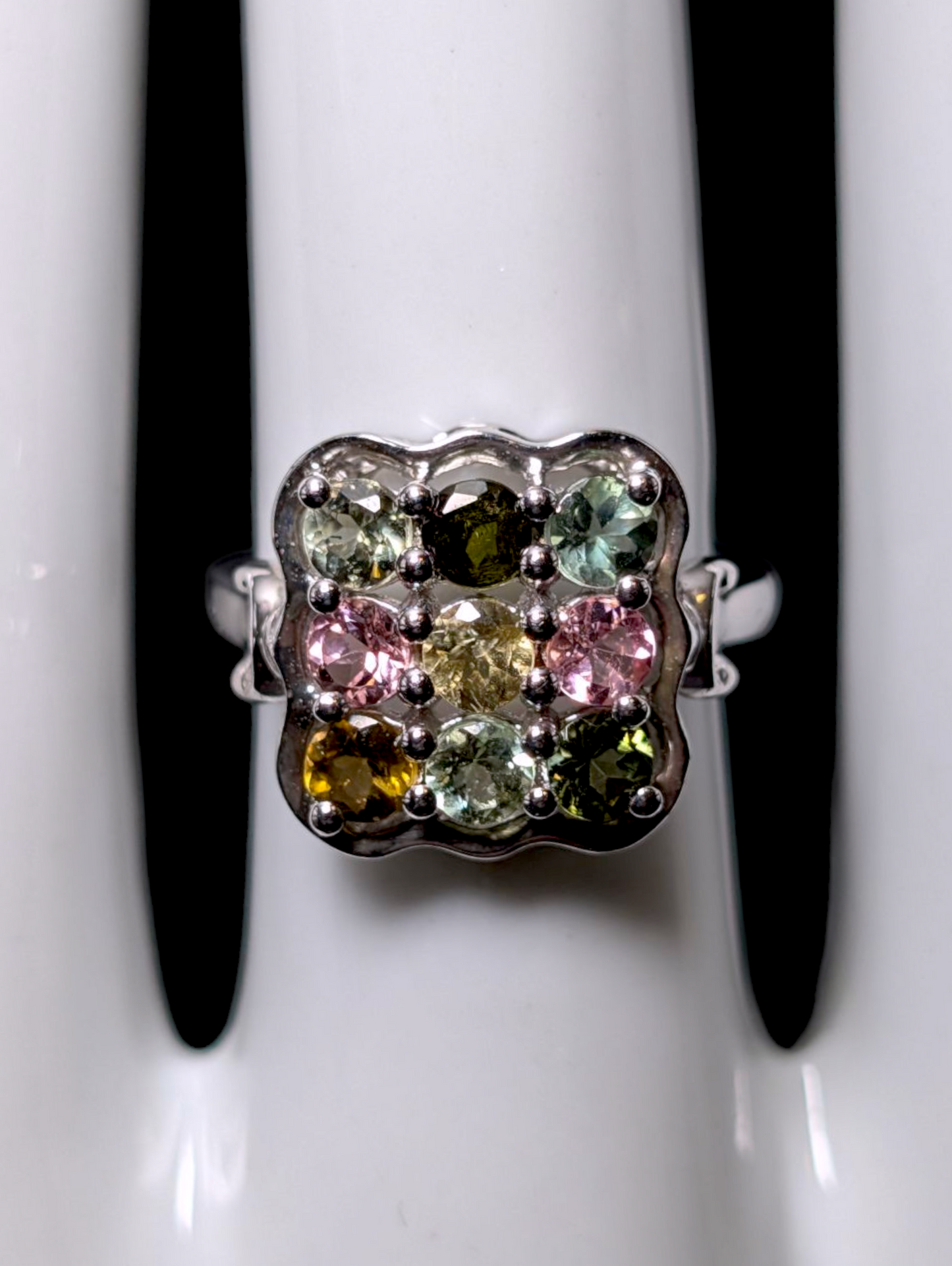 Vintage 3 Row Multi-Colored Genuine Tourmaline Round Cut Sterling Silver Ring