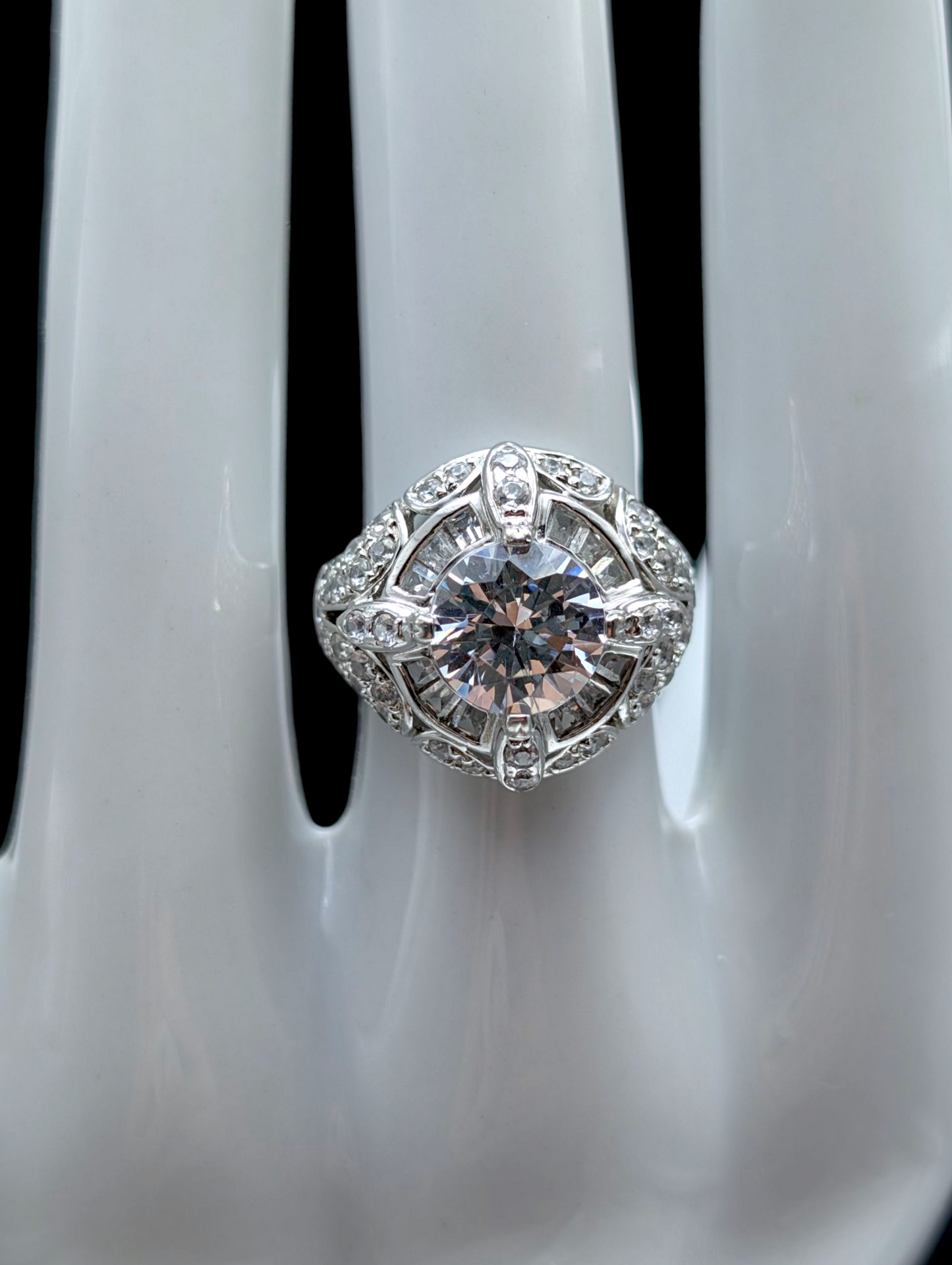 Vintage Art Deco Inspired Round Brilliant Cut Simulated Diamond Sterling Silver Vacation Ring