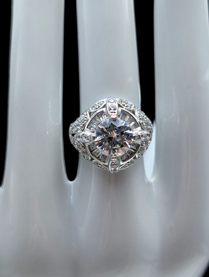 Vintage Art Deco Inspired Round Brilliant Cut Simulated Diamond Sterling Silver Vacation Ring