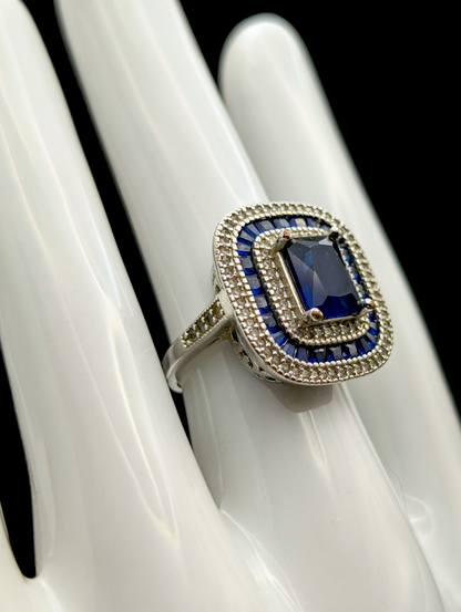 Vintage Art Deco Inspired Simulated Sapphire and Simulated Diamond Halo Silver Toned Statement Ring
