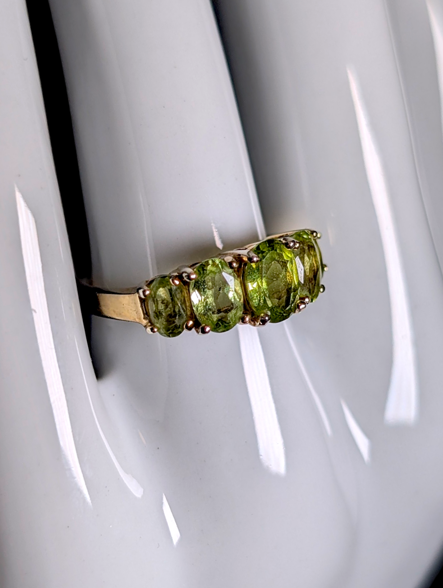 Vintage Graduating Oval Cut Genuine Peridot 14kt Yellow Gold over Sterling Silver Half Eternity Ring