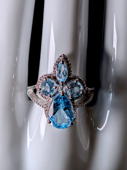 Vintage Inspired Large Mixed Cut Genuine Swiss and Sky Blue Topaz Cluster Rhodium over Sterling Silver Statement Ring