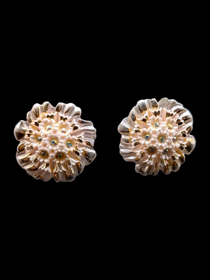 1950s Large Pink and Gold Flower Earrings with Aurora Borealis Rhinestones