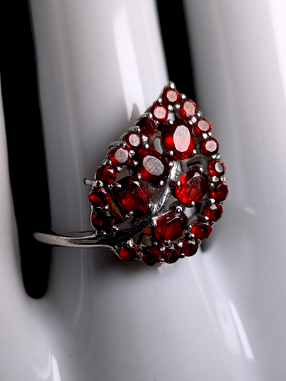 Vintage Cluster Leaf Design Genuine Red Garnet Sterling Silver Ring