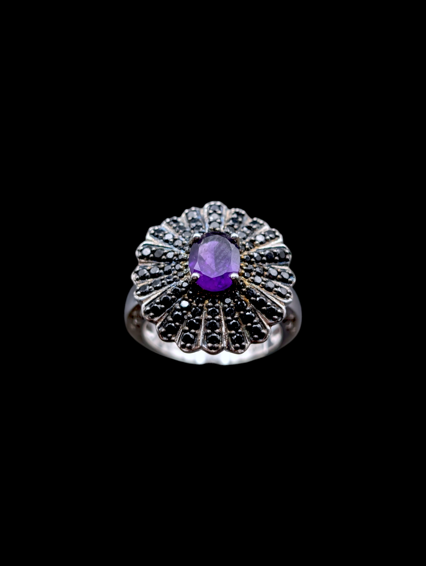 Vintage Genuine Amethyst and Black Spinel Floral Sterling Silver Ring