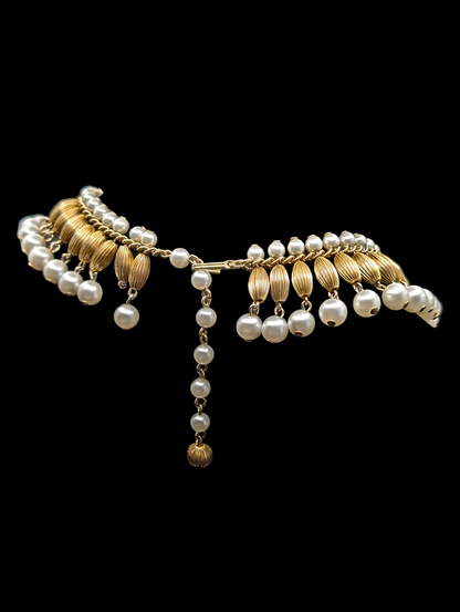 Vintage Egyptian Revival Fringe Gold and Pearl Collar Necklace