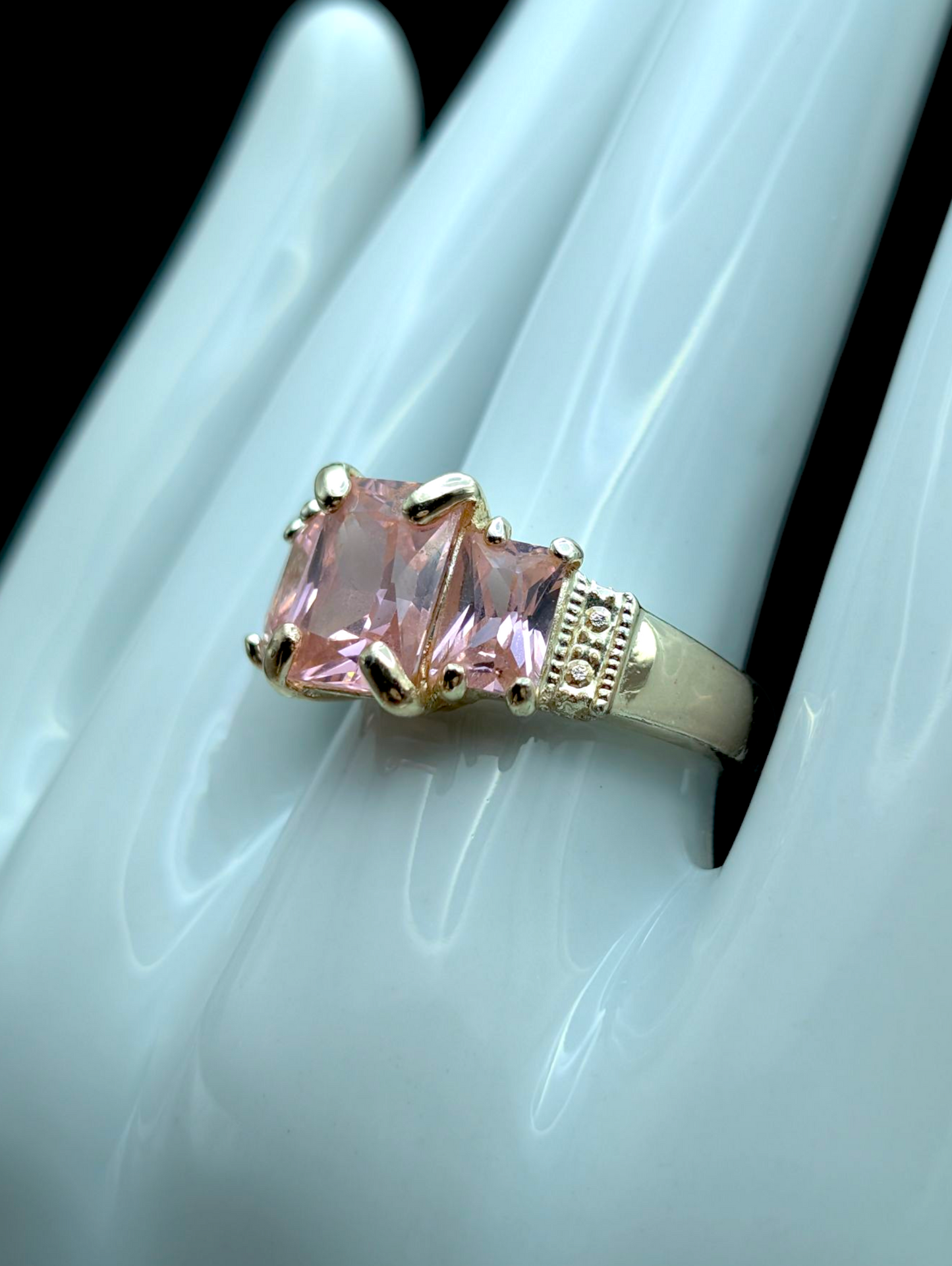 Vintage Large Radiant Cut Three Stone Simulated Pink Sapphire Silver Toned Statement Cocktail Ring