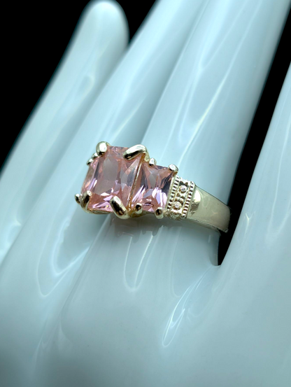 Vintage Large Radiant Cut Three Stone Simulated Pink Sapphire Silver Toned Statement Cocktail Ring