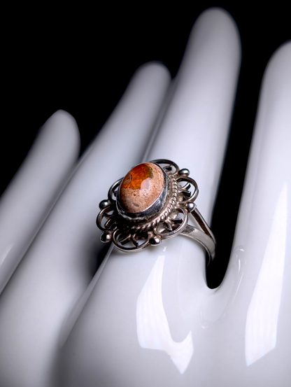 Vintage Cabochon Cut Earth Mined Genuine Mexican Boulder Fire Opal Sterling Silver Filigree Ring