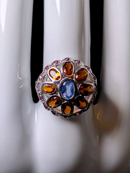 Vintage Round Cluster Genuine Kyanite, Citrine and Tourmaline Sterling Silver Ring