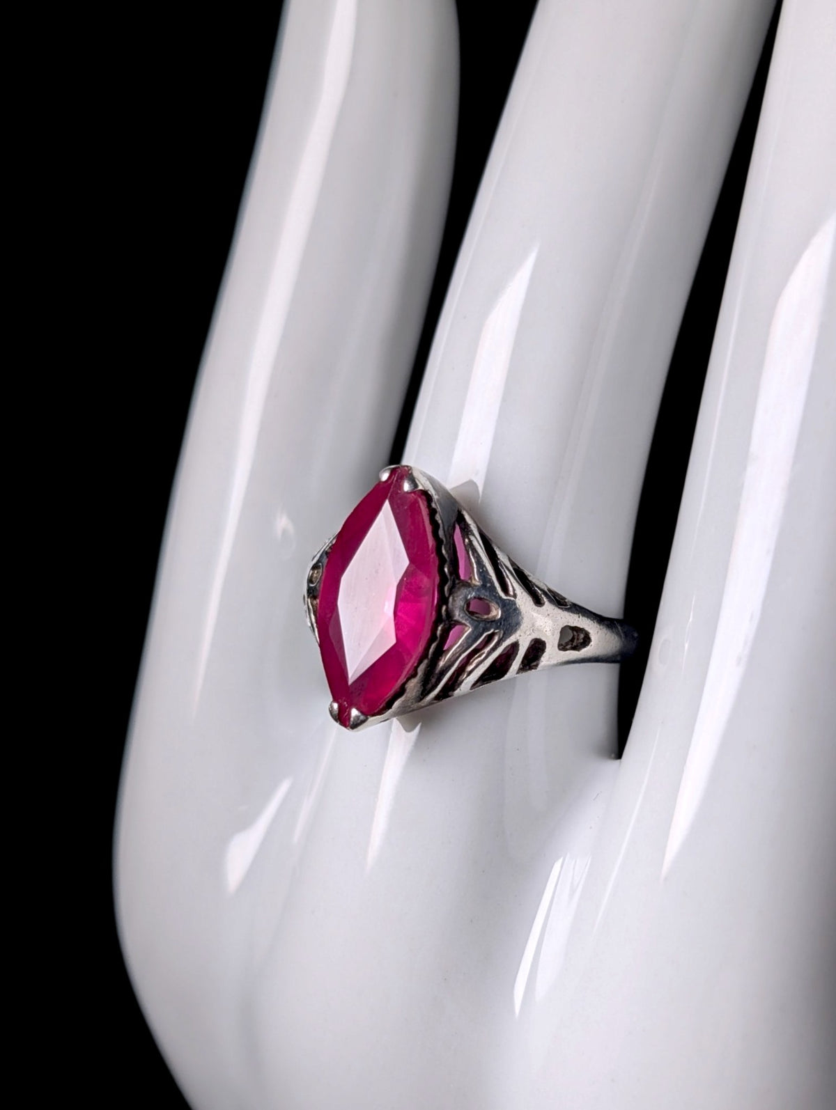 Antique Edwardian Marquise Cut Genuine Ruby Solitaire Ring